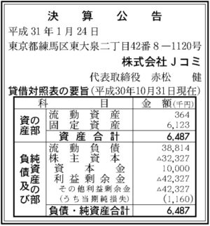 Jコミ 決算を官報に掲載 当期純損失は100万円 オタク産業通信