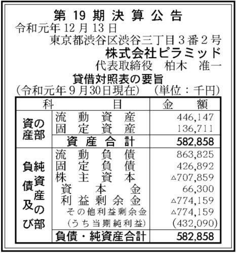 ピラミッド　第19期決算