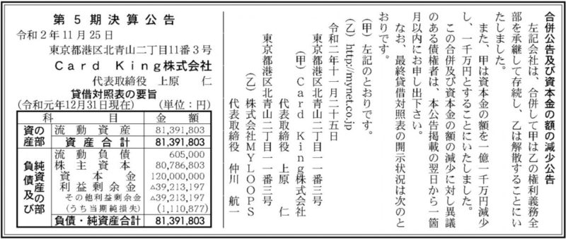 Card King Myloopsとの合併と資本金の減少を発表 オタク産業通信 ナウティスニュース