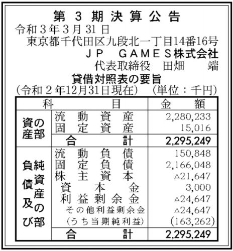 JP GAMES 第3期決算
